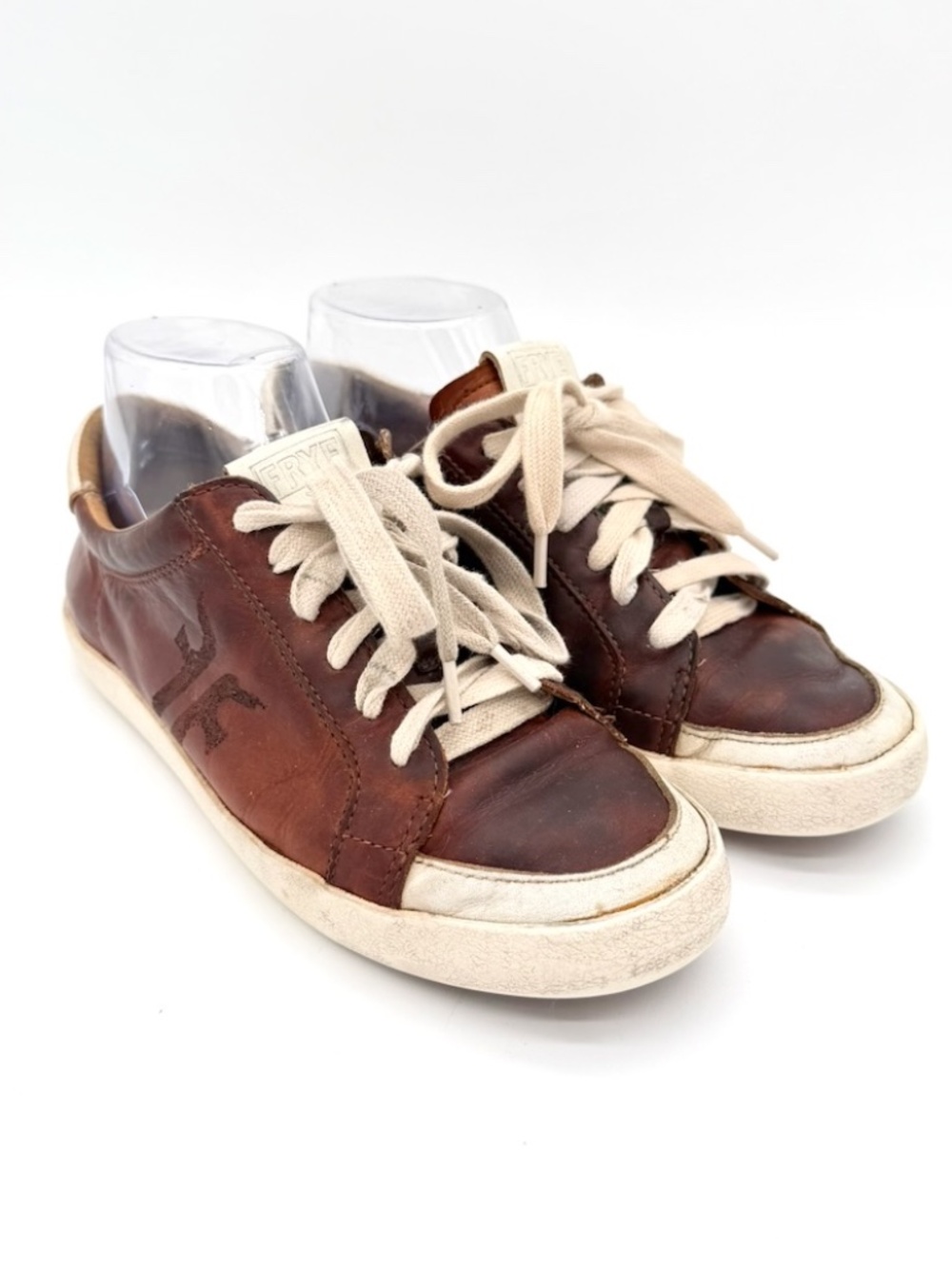 FRYE Dylan Low Lace Distressed Leather Sneakers Womens Size 7 M Cognac 3470040